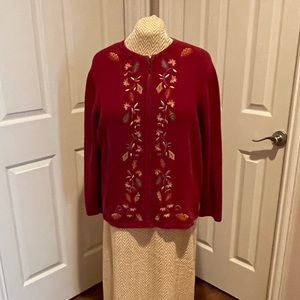 Croft & Barrow 2X Embellished Fall (Autumn) Leaf Zip Front Cardigan-Brick Red